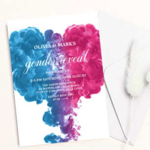 Blue Pink Smoke Heart Baby Gender Reveal Invitation