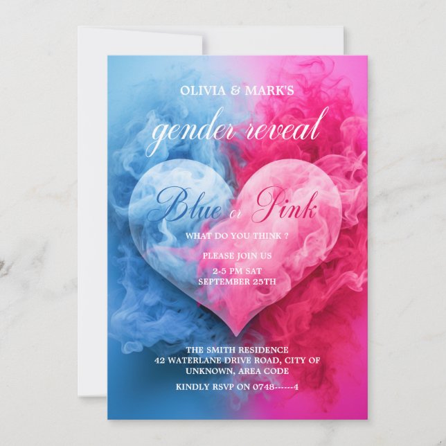 Blue Pink Smoke Heart Baby Gender Reveal Party Invitation (Front)