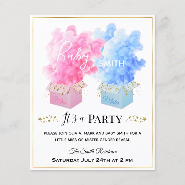 Blue pink smoke surprise box gold gender reveal (Front)