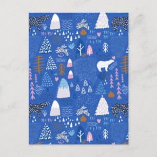 Blue Pink Snowy Happy Winter Forest Bear Bunny Holiday Postcard