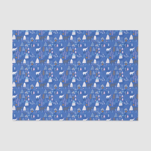 Blue Pink Snowy Happy Winter Forest Bear Bunny  Tissue Paper (Front)