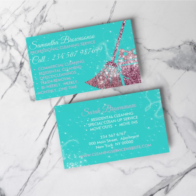 Blue Pink Sparkle Cleaning Maid Janitorial Business Card (Blue Pink Sparkle Cleaning Maid Janitorial Business Card)