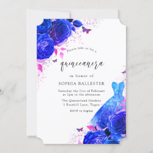 Blue & Pink Sparkle Dress Roses Quinceanera Party Invitation