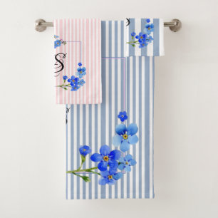 Blue & Pink  Stripe Floral  Bathroom Towel Sets