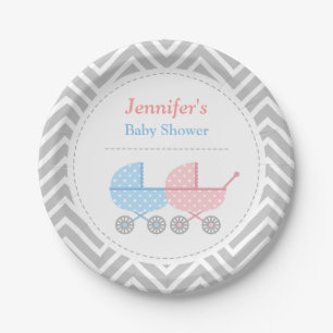 Blue Pink Strollers Twins Baby Shower Plates