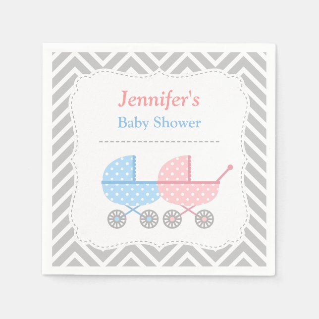 Blue Pink Strollers Twins Baby Shower Supplies Napkin (Front)