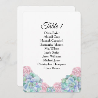 Blue pink succulents. Wedding seating charts Invitation