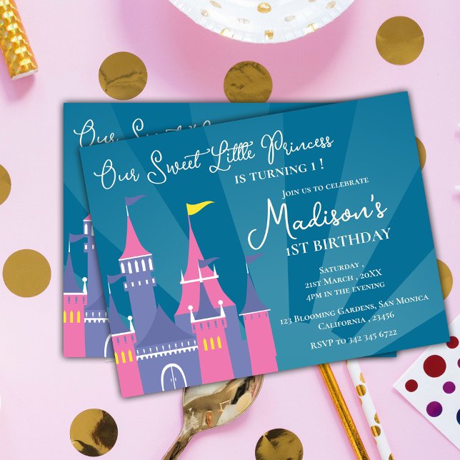 Blue Pink Sweet Princess Birthday Party Invitation Postcard (Blue Pink Sweet Princess Birthday Party Invitation Postcard)