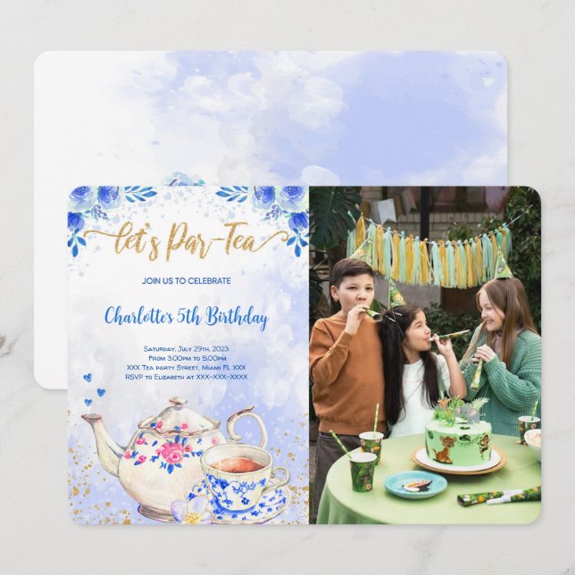 Blue & Pink Tea Party Birthday Photo Invitation (Front/Back)