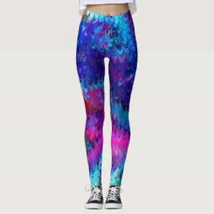 Blue Pink Teal Abstract Marbling Ebru Art Leggings