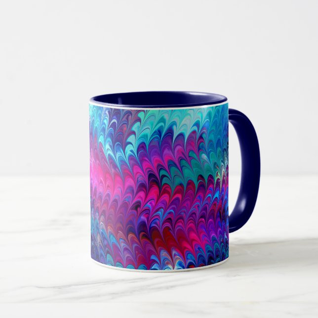 Blue Pink Teal Abstract Marbling Ebru Art Mug (Front Right)