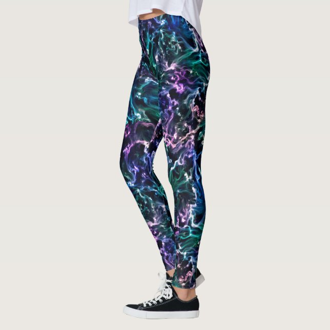 Blue Pink Teal Cosmic Abstract Glow Fluid Nebula Leggings (Left)