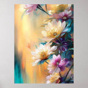 Blue Pink Teal Cream Flowers Beautiful Floral  Poster