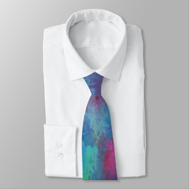 Blue Pink Teal Watercolor Abstraction Tie (Tied)