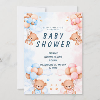Blue Pink Teddy Bear Baby Shower Invitation