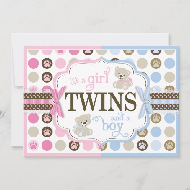 Blue & Pink Teddy Bears Twins Baby Shower Invitation (Front)