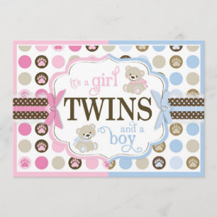 Blue & Pink Teddy Bears Twins Baby Shower Invitation