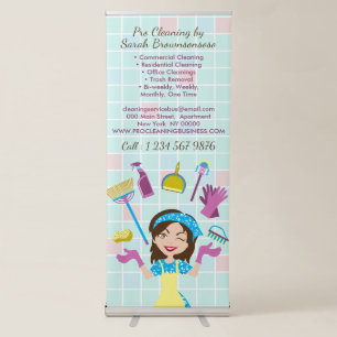 Blue Pink Tiles Cleaning Housekeeper Lady Retractable Banner