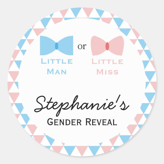 Blue, Pink Triangles Gender Reveal Bow and Bow Tie Classic Round Sticker (Front)
