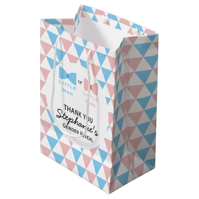 Blue, Pink Triangles Gender Reveal Bow and Bow Tie Medium Gift Bag (Front Angled)