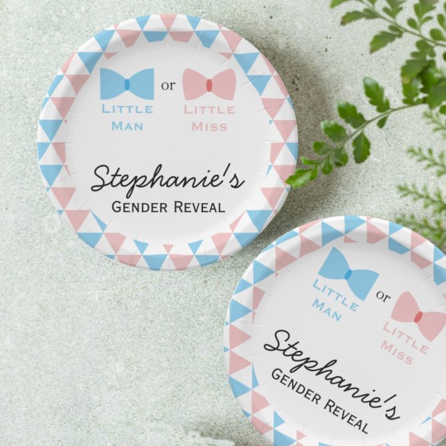 Blue, Pink Triangles Gender Reveal Bow and Bow Tie Paper Plate (Creator Uploaded)