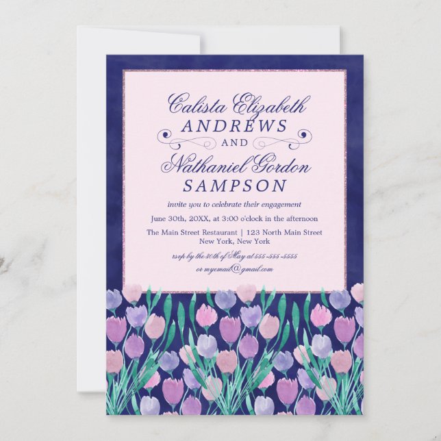 Blue Pink Tulips Floral Watercolor Engagement Invitation (Front)