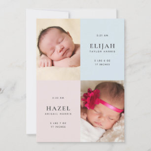 Blue & Pink Twins 2-Sided Photo Birth Announcement