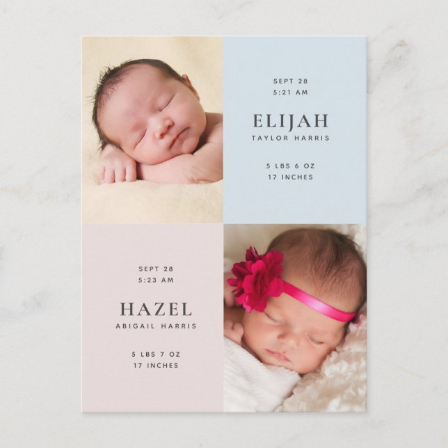 Blue & Pink Twins Photo Birth Announcement Postcard (Front)