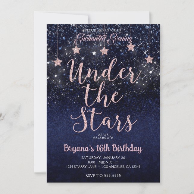 Blue & Pink Under The Stars Starry Night Sweet 16 Invitation (Front)