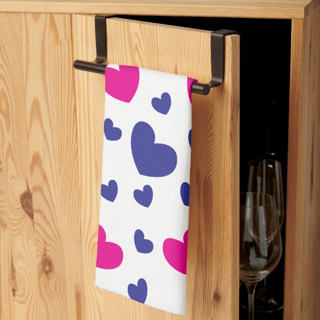 Blue Pink Valentines Day Hearts Pattern Tea Towel (Thirds Fold)