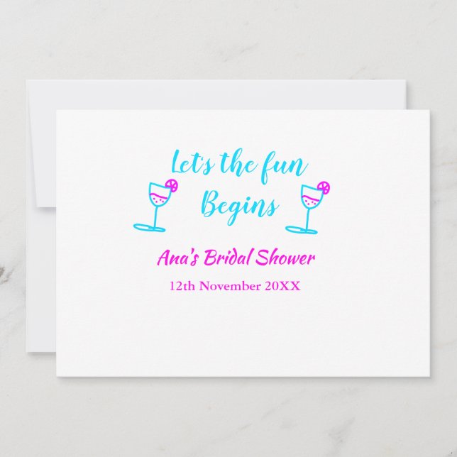 Blue pink vine glass bridal shower let's fun begin invitation (Front)