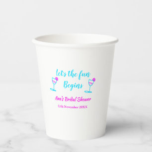 Blue pink vine glass bridal shower let's fun begin paper cups