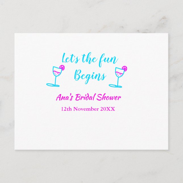Blue pink vine glass bridal shower let's fun begin postcard (Front)