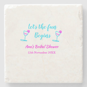 Blue pink vine glass bridal shower let's fun begin stone coaster