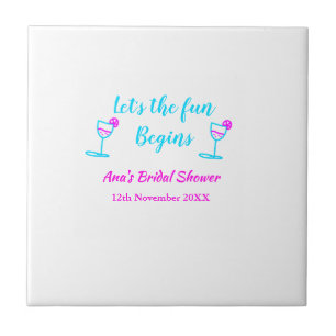 Blue pink vine glass bridal shower let's fun begin tile