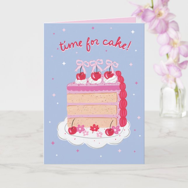Blue + Pink Vintage Coquette Cherry Cake Birthday Card (Orchid)