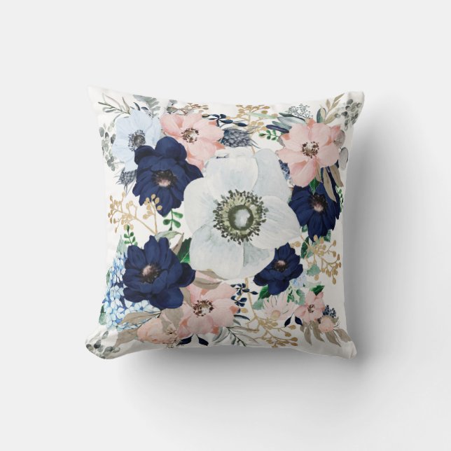 Blue Pink Vintage Floral Rose Cushion (Front)