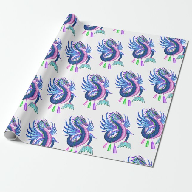 Blue & Pink Water Dragon Wrapping Paper (Unrolled)