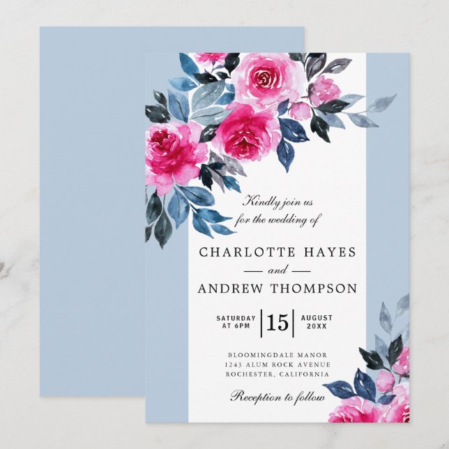 Blue Pink Watercolor Botanical Wedding Invitation (Front/Back)