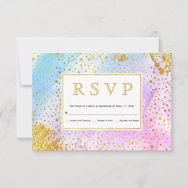 Blue, pink watercolor confetti specks wedding RSVP Card (Front)