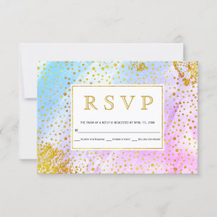 Blue, pink watercolor confetti specks wedding RSVP Card
