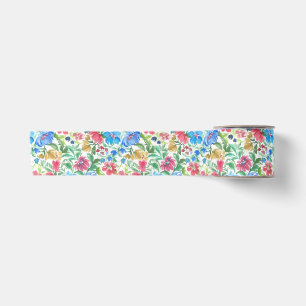 Blue Pink Watercolor Floral Garden Colourful Bloom Satin Ribbon