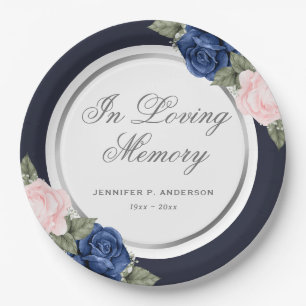 Blue Pink Watercolor Floral Memorial Funeral Paper Plate
