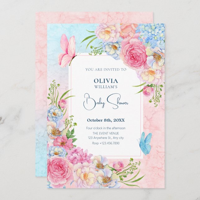 Blue pink watercolor flowers baby shower invitation (Front/Back)