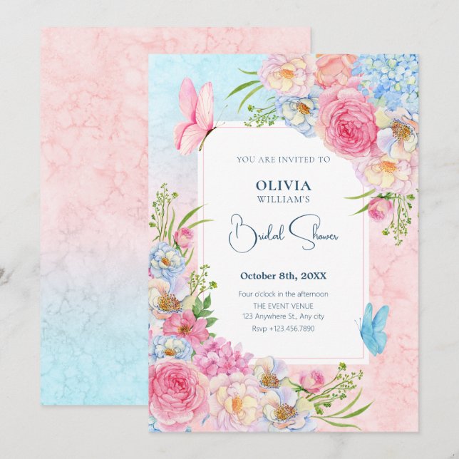 Blue pink watercolor flowers bridal shower shower invitation (Front/Back)