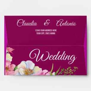 Blue Pink Watercolor Flowers Wedding Envelope
