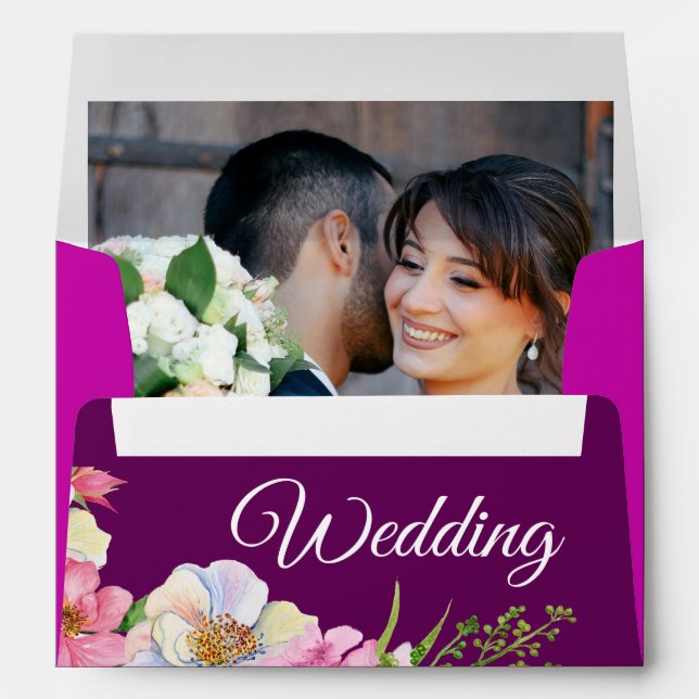 Blue Pink Watercolor Flowers Wedding  Envelope (Back (Bottom))