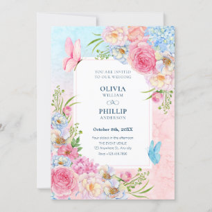 Blue pink watercolor flowers wedding invitation
