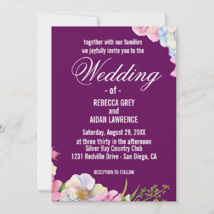 Blue Pink Watercolor Flowers Wedding  Invitation
