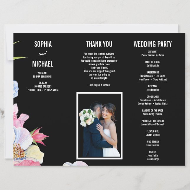 Blue Pink Watercolor Flowers Wedding Program Flyer (Front)